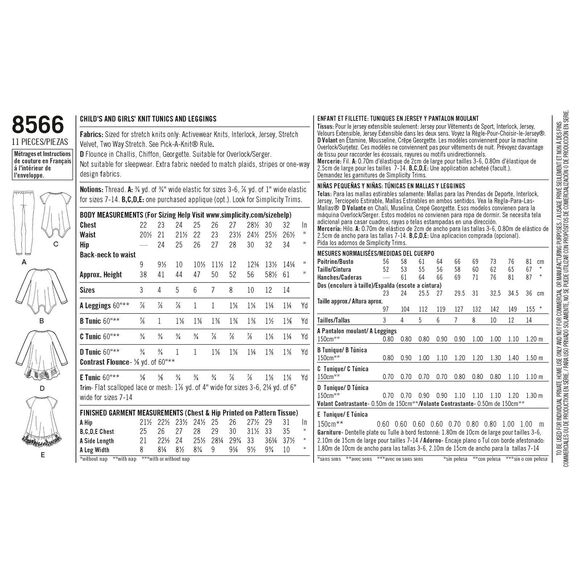 Simplicity 8566 Girls Knit Tunic Leggings Size 7-14 UNCUT Sewing Pattern NEW - Picture 3 of 3